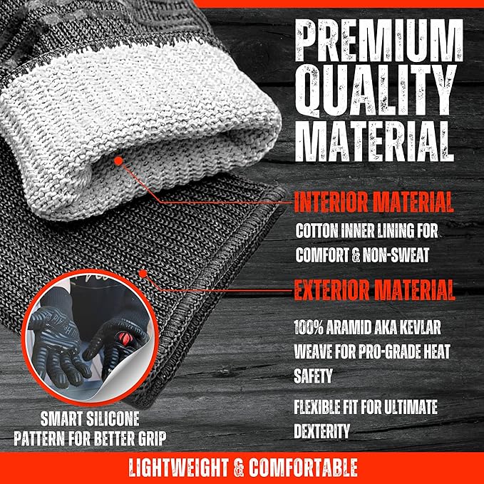 GRILL HEAT AID BBQ Grill Gloves 1472°F - Extreme Heat Resistant Oven Mitts for Grilling, Smoker & Fire Pit with Silicone Grip & EN407 Cut Resistance - Mid Cuff, Black