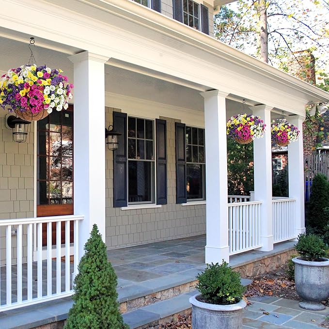 Artificial Faux Hanging Flowers Plants Baskets for Outdoors Spring Decor, Fake Silk Morning Glory in Planter UV Resistant Realistic Outdoor Flowers for Outside Porch Patio Balcony Garden Yard Home