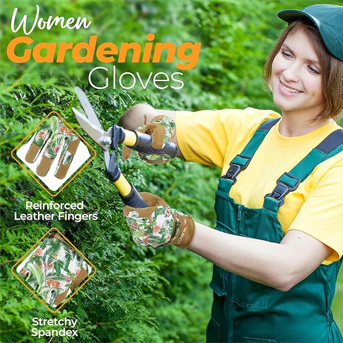 HANDLANDY Gardening Gloves for Women, Breathable Ladies Leather Garden Yard Gloves Best Gift for Gardeners