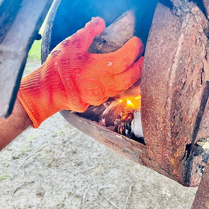 Oven Gloves 932°F Extreme Heat & Cut Resistant Oven Mitts with Fingers for BBQ, Cooking, Grilling, Baking – Accessory for Fire Pit, Camping, Fireplace & More - Orange Bitcoin Gift