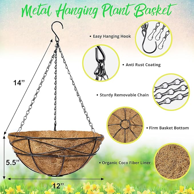 Sorbus 4 Pack Metal Hanging Planter Basket Huge 12 Inch Hanging Flower Pot Basket & Coco Coir Liner for Indoor/Outdoor Garden Décor, Perfect for Home, Garden, Patio, Deck (Black)