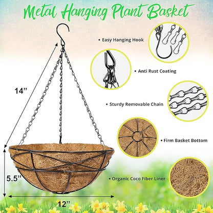 Sorbus 4 Pack Metal Hanging Planter Basket Huge 12 Inch Hanging Flower Pot Basket & Coco Coir Liner for Indoor/Outdoor Garden Décor, Perfect for Home, Garden, Patio, Deck (Black)