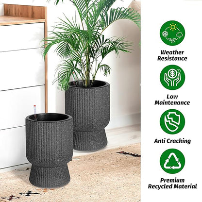 14.2" Tall Planters Set of 2, Plant Pots, Self Watering Pots for Indoor Plants, Flower Pots With Built-In Drainage and a Water Level Monitor, for Patio, Porch, Living Room, or Home Office, Black