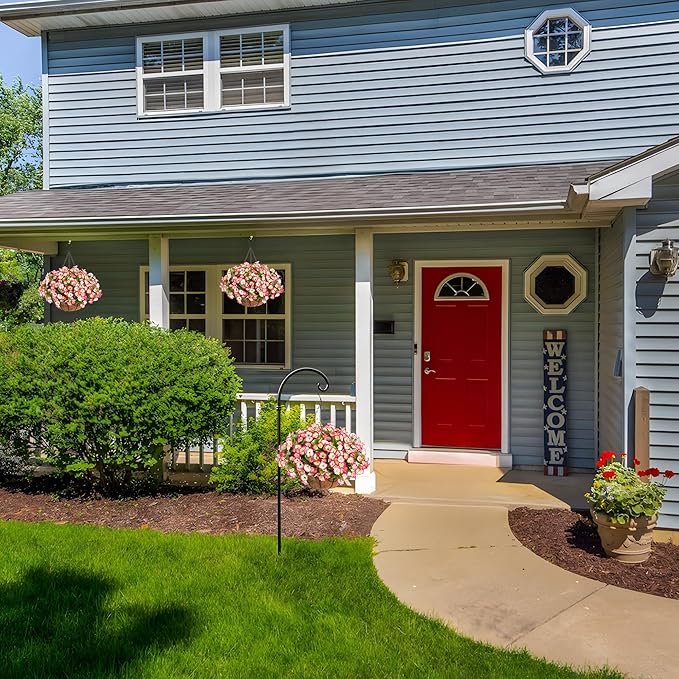 Artificial Hanging Flower Plants with Basket for Outdoor Decoration, Faux Petunias Flowers Fake Morning Glories Planter for Outside Patio Garden Porch Balcony Yard Decor(Pink)