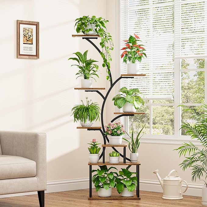 POZILAN Plant Stand Indoor with Grow Light, 8-Tiered Tall Plant Stands for Indoor Plants Multiple, Metal Plant Shelf Display Rack Holder, Flower Stand for Indoor Plants, Living Room, Garden, Patio
