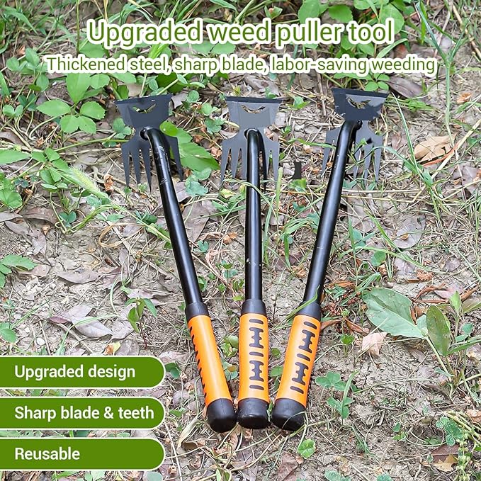 Weed Puller Tool-3-Piece Weed Pulling Tools, Manganese Steel 6-Teeth Multi-Purpose Gardening Manual Weeding Tools for Yard and Garden（HT3077B）
