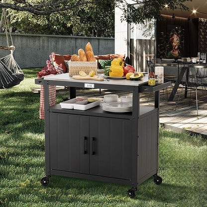 Outdoor Grill Cart with Stainless Steel Tabletop and Storage Cabinet, Movable Kitchen Island with Wheels for BBQ Food Prep, Black