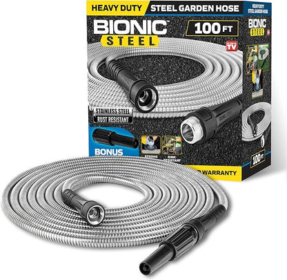 BIONIC STEEL 100 Ft Metal Garden Hose with Sprayer Nozzle, Non Kinking Designed Stainless Steel Heavy Duty Water Hose 100 Ft x 5/8 in. Flexible NON Expandable for Uninterrupted Water Flow, 500 PSI
