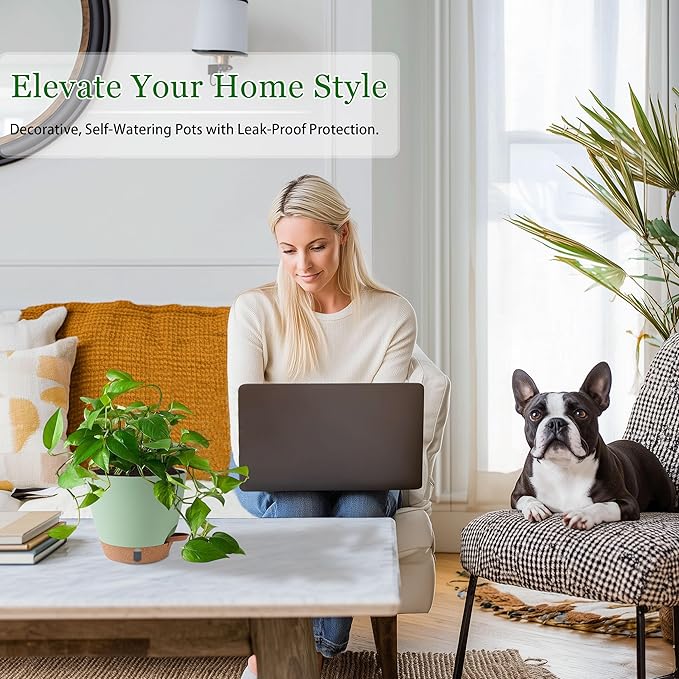 Self Watering Pots for Inoor Ourdoor Plants 8/7/6.5/6/5 Inch Plastic Planters with Drainage Holes & Water Level Indicator, Decorative House Flower Nursery Planting Pots with Saucers(Green)