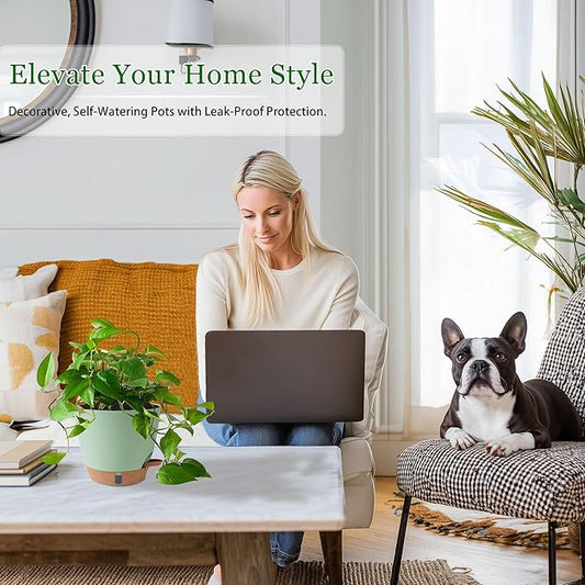 Self Watering Pots for Inoor Ourdoor Plants 8/7/6.5/6/5 Inch Plastic Planters with Drainage Holes & Water Level Indicator, Decorative House Flower Nursery Planting Pots with Saucers(Green)