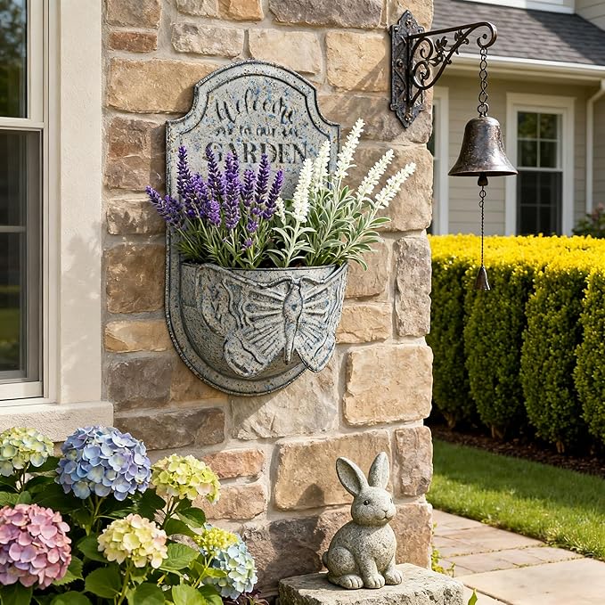 Rustic Metal Wall Planter for Outdoor Vintage Distressed Butterfly Wall Mounted Flower Holder Pot Shabby Blue Iron Plant Basket for Garden Farmhouse Home Balcony Patio Decorative