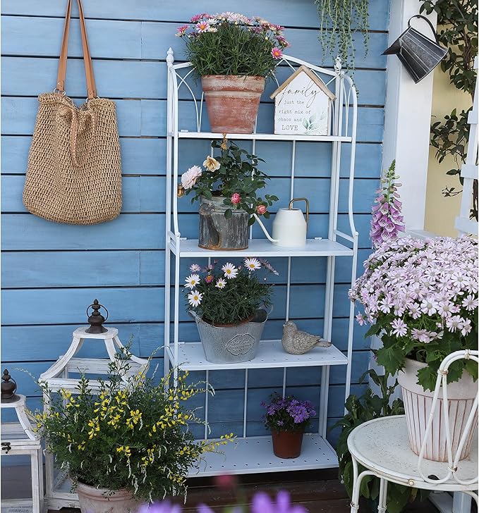 White 4-Tier Plant Stand with French Style Pattern, Indoor Outdoor Flower Shelf for Balcony Patio, Vintage Garden Decor with Lattice Design Plant Holder