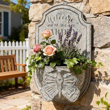 Rustic Metal Wall Planter with Butterfly Design, Welcome to Our Garden Hanging Flower Pot for Outdoor Indoor Decor, Vintage Galvanized Plant Holder for Patio, Porch, Garden