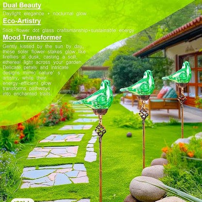 Decorative Solar Lights, Outdoor Solar Bird Stake Lights, Hand Blown Glass Decorative Garden Pathway Lights Outdoor Waterproof Glass Stakes (Green)