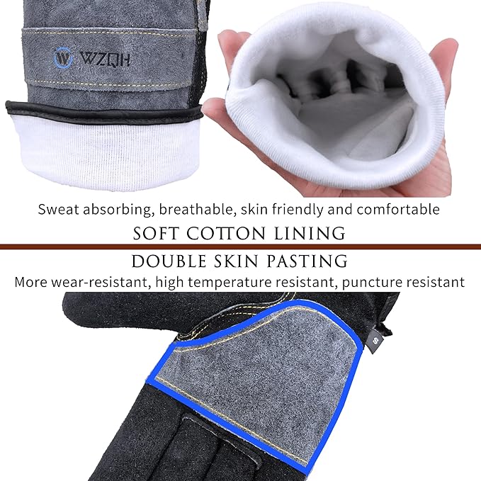 Leather Work Gloves for Men or Women. XX-Large Glove for Gardening, Tig/Mig Welding, Construction, Chainsaw, Farm, Ranch etc. Cowhide, Cotton Lined, Utility, Firm Grip, Durable. Grey-Black 2XL