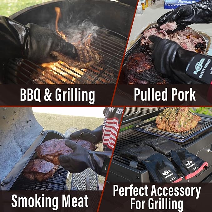 RAPICCA 700°F Heat Resistant BBQ Grill Gloves: Oil Resistant Waterproof for Smoking Grilling Cooking Barbecue Deep Frying Turkey Rotisserie Handling Hot Greacy Meat Grilling Stocking Stuffers for Men