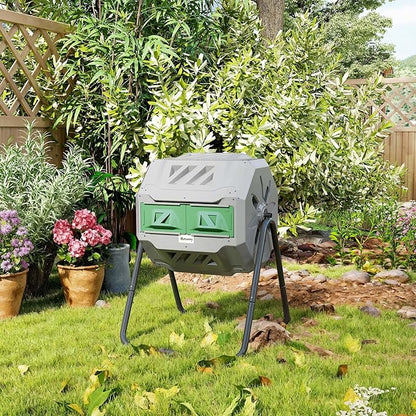 Outsunny Tumbling Compost Bin Outdoor 360° Dual Chamber Rotating Composter 43 Gallon, Light Gray
