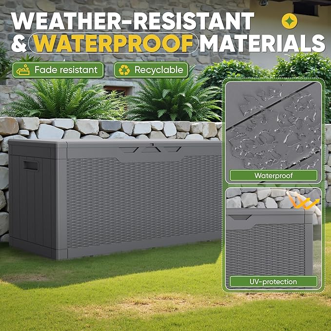 Greesum Outdoor Storage Box 100 Gallon Storage Bin with Lid for Patio Furniture, Garden Tools, Pool Supplies, Lockable, Waterproof and UV Resistant, Gray