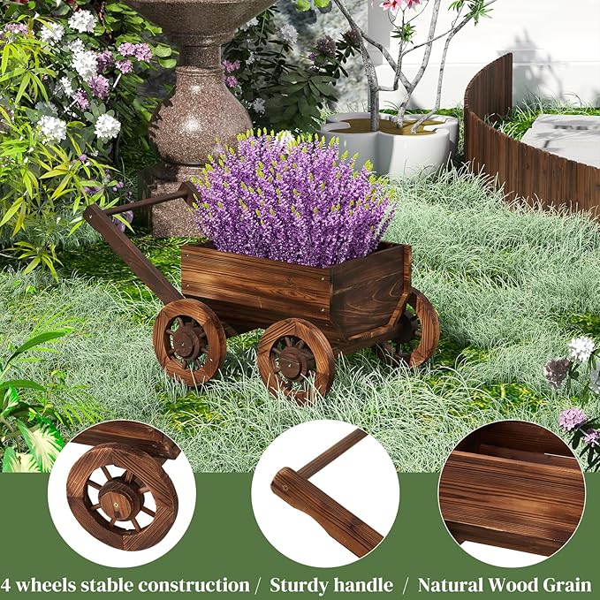 PULIJIA Wooden Wagon Planter Outdoor Garden Planter, Trolley Decoration Succulent Flower cart, Indoor Outdoor Backyard Balcon Decor cart with Wheels, Planter for Patio (HC-S)