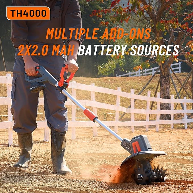 Cordless Tiller for Gardening 360 RPM Rototiller TH4000 Cultivator TaskStar Electric Garden Tiller Battery Powered Total 4000mAh,48 Heavy-Duty Steel Tines for Smooth Ground