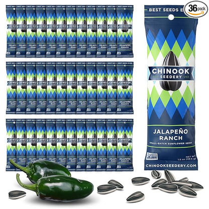 Chinook Seedery Low Sodium Sunflower Seeds – Jalapeno Ranch Flavor, Pack of 36, 1.5oz – Sunflower Seeds to Eat – Keto, Jumbo, Roasted, Baseball Snacks