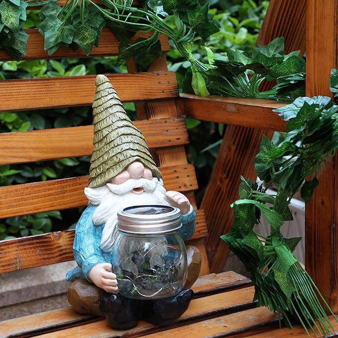 Solar Firefly Jar Gnome Waterproof - Christmas Large Garden Gnome Funny Solar Outdoor LED Lights Resin Statues 10.6" Lantern Figurines Xmas Decorations Birthday Housewarming Gifts for Mom Women