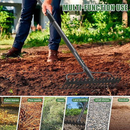 63'' Bow Rake ，17 Tines Metal Head Rakes with Stainless Steel Handle，Heavy Duty Garden Rakes for Loosening Soil Gathering Leaf Leveling Lawn Farming Land Management Yarn Thatch