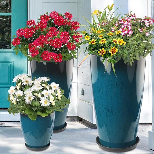 24-21-11 Inch Tall Planters Set of 3, Indoor Outdoor Blue Glossy Round Planter with Drainage Hole and Saucer, Large Decorative Plant Pots for Home Garden Porch