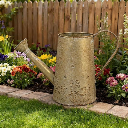Vintage Distressed Gold Flower & Garden Watering Can, Decorative Metal Watering Pot Planter for Home Patio Backyard Outdoor Plant Care, Rustic Farmhouse Home Decor Accent