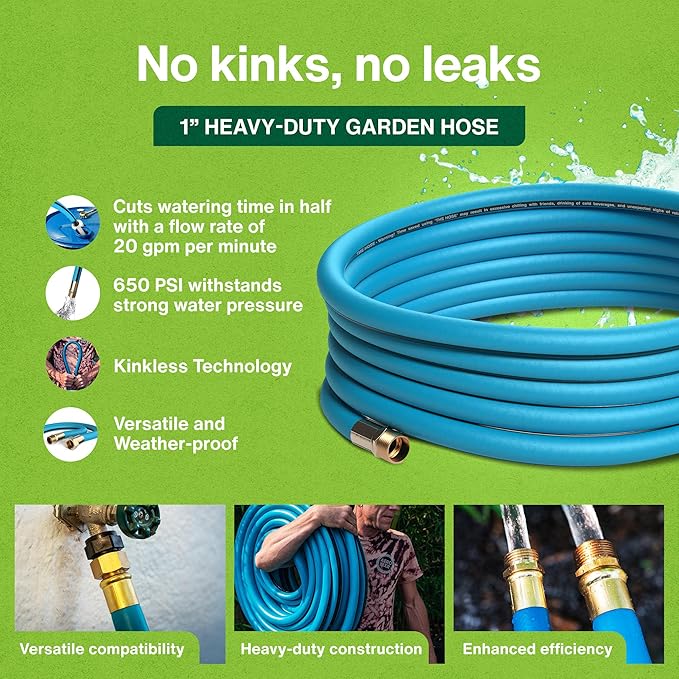 Aeromixer THE HOSE - 1 Inch Garden Hose 50 Ft, Kinkless Commercial Garden Hoses, Heavy Duty Industrial Water Hoses for Outdoors, 650 PSI High-Pressure Watering Tool for Farming and Gardening