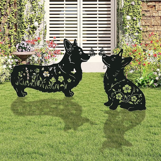 Corgi Metal Garden Stakes Yard Decor, 2PCS Black Corgi Dog Silhouette Statues Garden Decorative Gifts for Yard Art, Patio, Outside, Lawn Ornaments, Dachshund Outdoor, Yard Art