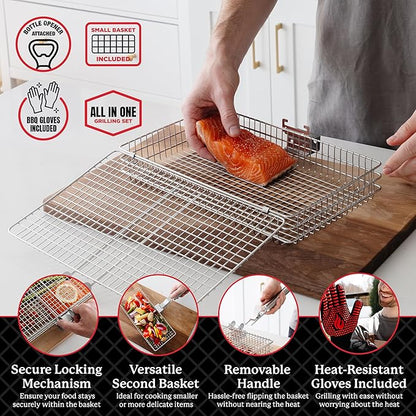 BLAZIN' GRILL Baskets for Outdoor Grill | 2 Grilling Baskets with Detachable Handle | Barbecue Grill Set with BBQ Gloves | Portable Camping Net Rack Perfect for Vegetables, Seafood & Meat