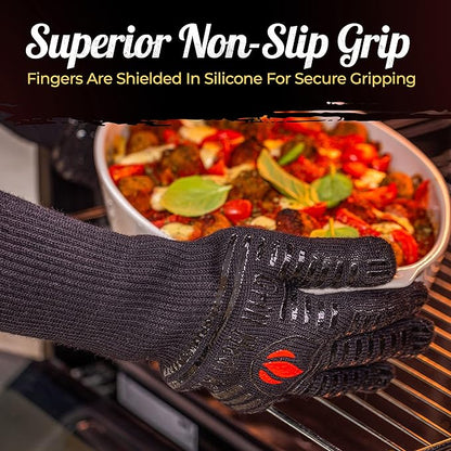 GRILL HEAT AID BBQ Grill Gloves Heat Proof for Grilling – Fireproof 1472°F Heat-Resistant Grill Mitts for Outdoor Barbecue and Smoker, Campfire, Fire Pit, Oven Glove with Fingers for Baking Pizza