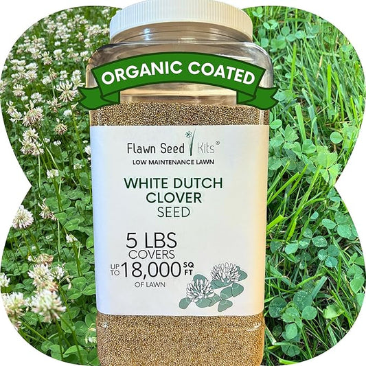Flawn Seed Dutch White Clover Seed, 5 Lbs, Organic Coated, Natural Lawn, Ground Cover, Food Plot, Zones 3-9, Covers up to 18,000 Sqft
