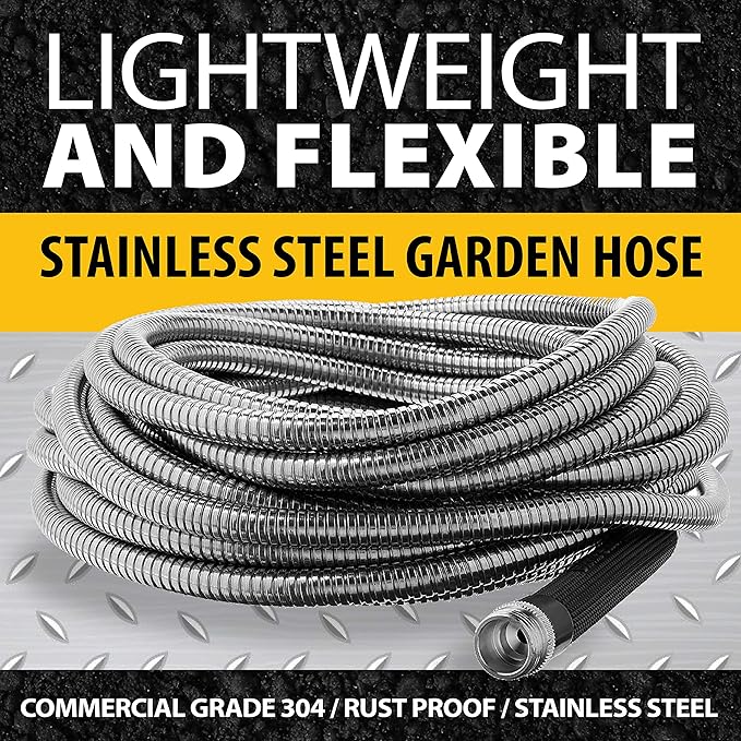BIONIC STEEL 100 Ft Metal Garden Hose with Sprayer Nozzle, Non Kinking Designed Stainless Steel Heavy Duty Water Hose 100 Ft x 5/8 in. Flexible NON Expandable for Uninterrupted Water Flow, 500 PSI
