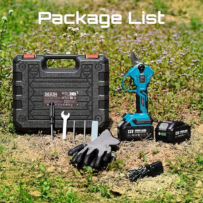 Seesii Electric Pruning Shears for Gardening: 1.8” Cutting Cordless Power Pruner - Brushless Motor, Dual 4.0Ah Battery, 4 Levels Adjustable Extra SK5 Blade Branches Cutter For Tree & Flower Trimming