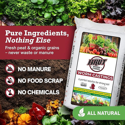 Brut Organic Worm Castings for Plants 30 LB – Natural Nutrients, Fertility Builder, Plant Food for Potting Soil and Garden Soil – Indoor and Outdoor Use