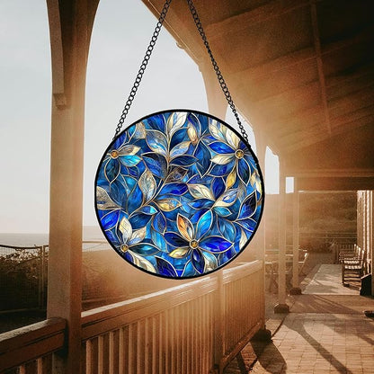 Stained Glass Window Hanging - Blue Gold Abstract Flowers Suncatcher for Door Terrace Garden Home Decor, Plant Sun Catcher Birthday Gifts for Lovers Women Men Dad Mom Nana 11.8 in