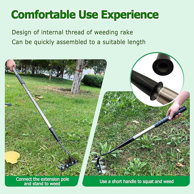 Forged Iron Weeding Rake,Gardenia 2.0 Iron Weed Rake with Long Handle,Thickened 5 Teeth Carbon Steel Garden Weeding and Leaf Removal Tools