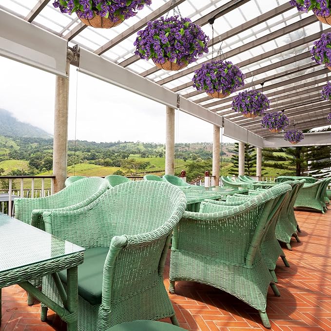 Artificial Hanging Flower Plants with Basket for Spring Summer Outdoor Decoration, Faux Petunias Flowers Fake Morning Glories Planter for Outside Patio Garden Porch Balcony Yard Decor(Purple)