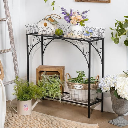 Black Long Double-Layer Plant Shelf, French Courtyard Style Metal Stand for Tall Potted Plants, Sturdy Indoor Outdoor Planter Holder Garden Decor