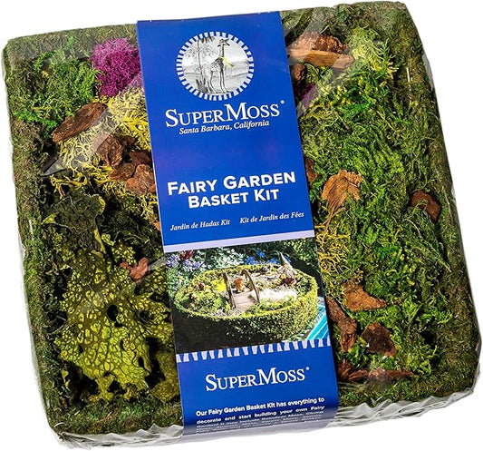 SuperMoss (50362) Fairy Garden Kit | Miniature Moss Basket with Fairy Garden Accessories, and Liner | DIY Craft Kit for Kids, Indoor & Outdoor Garden Decor, Miniatures, and Home Decoration, 10” Basket