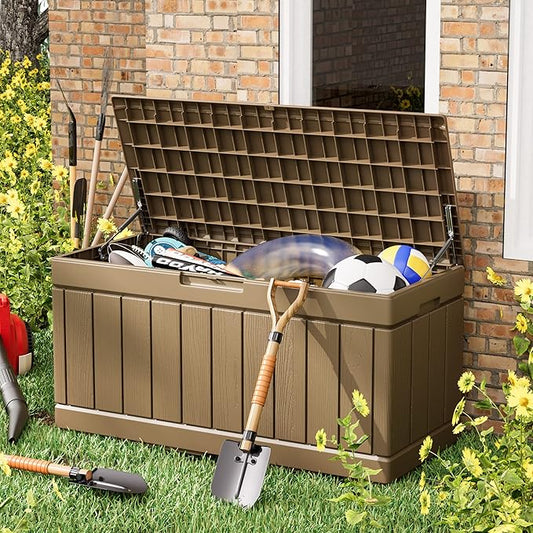 Greesum 82 Gallon Resin Deck Box All Weather Large Outdoor Storage for Patio Furniture, Toys, Garden Tools, Lockable, Brown