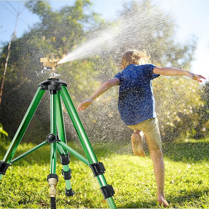 Impact Sprinklers on Tripod Base,Heavy Duty Lawn Sprinkler for Yard with 360 Degree Large Area Coverage Irrigation,Brass Sprinklers with Adjustable Head Nozzle,3/4Inch Connector Extension Legs