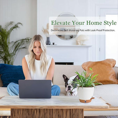 Self Watering Pots for Inoor Ourdoor Plants 8/7/6.5/6/5 Inch Plastic Planters with Drainage Holes & Water Level Indicator, Decorative House Flower Nursery Planting Pots with Saucers (White)