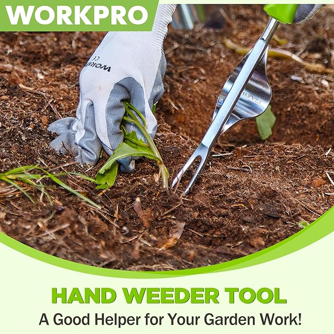 WORKPRO Weed Puller Tool, Metal Leverage Base and V-Shaped Forks for Easy Weed Removal & Deeper Root Digging, Heavy Duty Stainless Steel with Soft Handle, Manual Hand Weeder for Gardening
