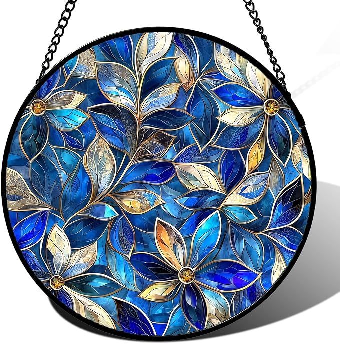 Stained Glass Window Hanging - Blue Gold Abstract Flowers Suncatcher for Door Terrace Garden Home Decor, Plant Sun Catcher Birthday Gifts for Lovers Women Men Dad Mom Nana 11.8 in