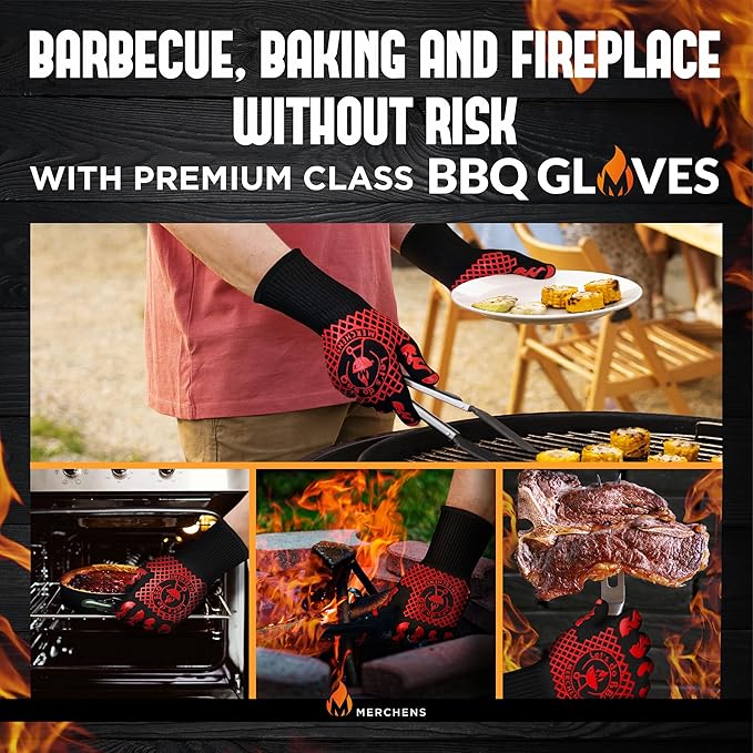 Pro-Series BBQ Gloves - Heat Resistant Grill, Grilling, and Oven Gloves for Culinary Experts - Extreme Fireproof Protection, Silicone Grip, Extra Long Mitts - Indoor & Outdoor - with Protective case