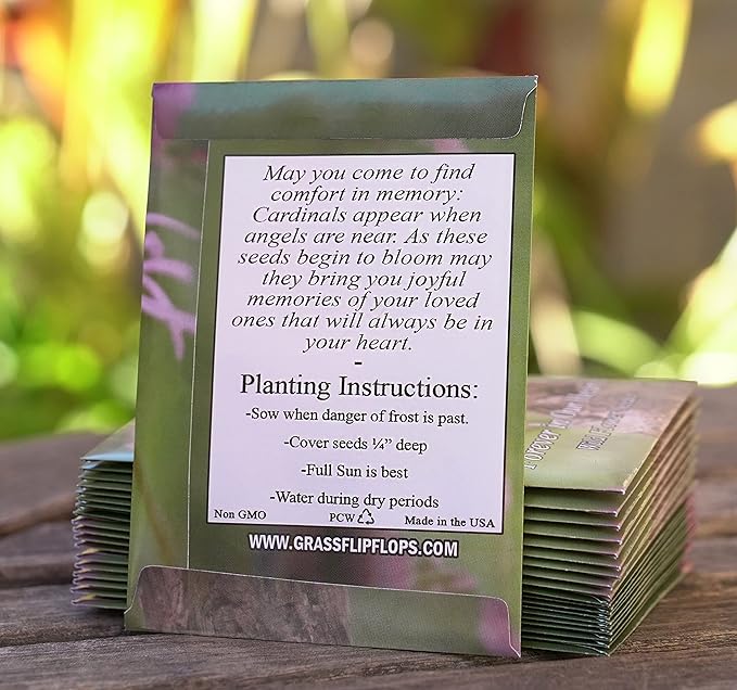 Pack of 20 Pre-Filled Seed Packets Forever in Our Hearts Thoughtful Party Favors for Guests, Funerals, and Memorial Services - Cardinal Wildflower Seed Mix for Year-Round Celebration of Life