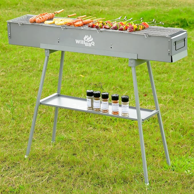 Charcoal Grills Commercial Quality Portable Multiple Size Hibachi BBQ Lamb Skewer Folded Camping Barbecue Grill(39.4x7.1x5.1 inch With Accessories)